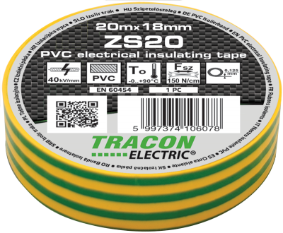 Tracon szigetelőszalag PVC zöld/sárga 20 m x 18 mm
