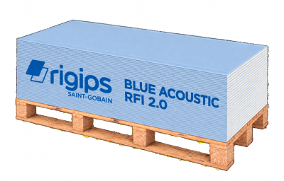 Rigips Blue Acoustic 2.0 RFI  impregnált, tűzgátló, hanggátló gipszkarton. 1200x2000x12,5 mm